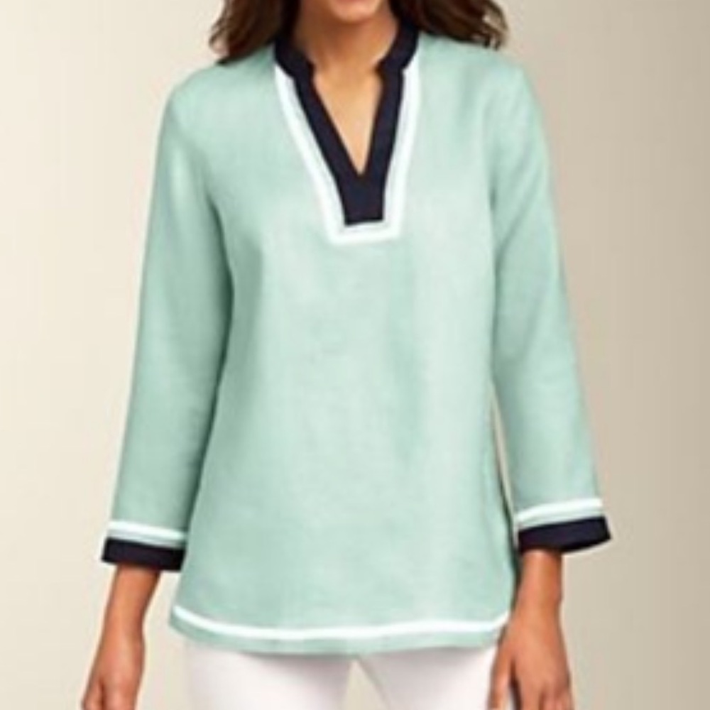 Talbots Mint and Navy Linen Tunic. Size MP.